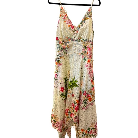 Farm Rio / Printed Eyelet Asymmetrical Dress / Boho Floral Midi Dress - Picture 3 of 3